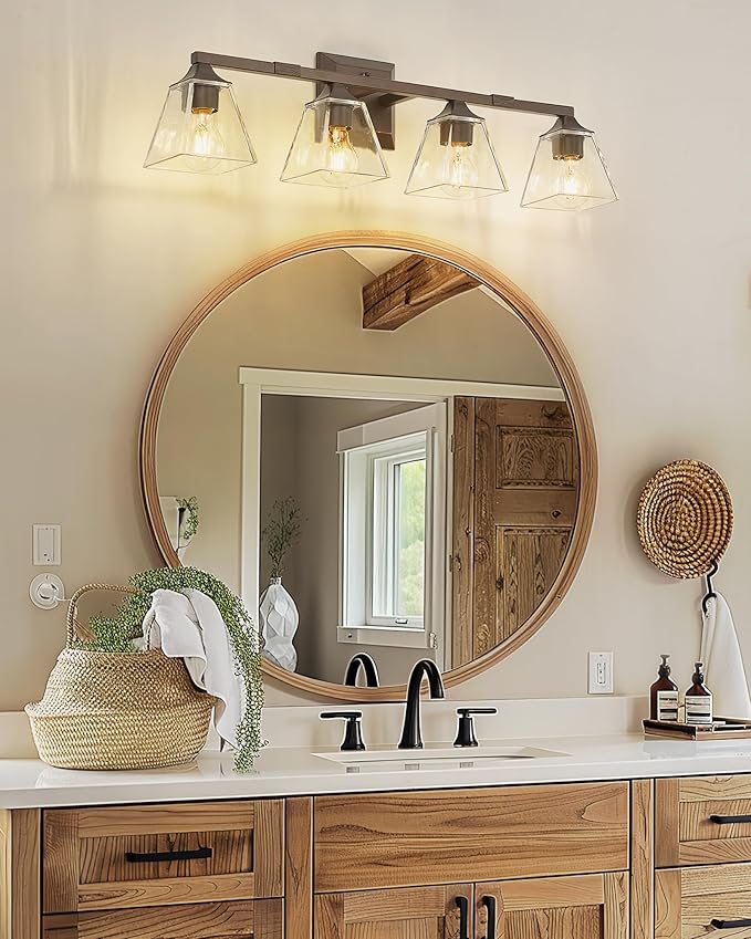 Bronze Bathroom Light Fixtures, HWH 4-Light Farmhouse Vanity Wall Sconce Bathroom Sconce Over Mirror, Oil-Rubbed Bronze Finish with Square Glass Shade, 5HY68B-4W ORB