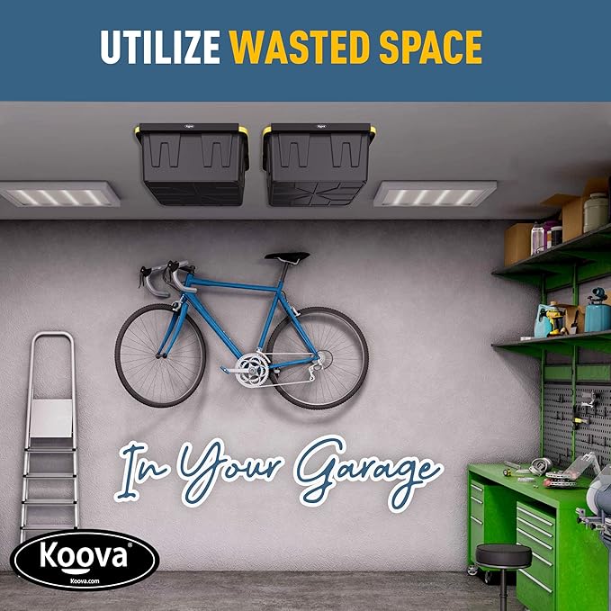 Koova Heavy-Duty Overhead Garage Storage Rack for 2 Bins. Adjustable Width, 80lb Capacity. DIY Safe Ceiling Mount, Easy Install. Fits 27-Gallon Totes. USA Made Pro-Grade Steel. Space Saving Organizer