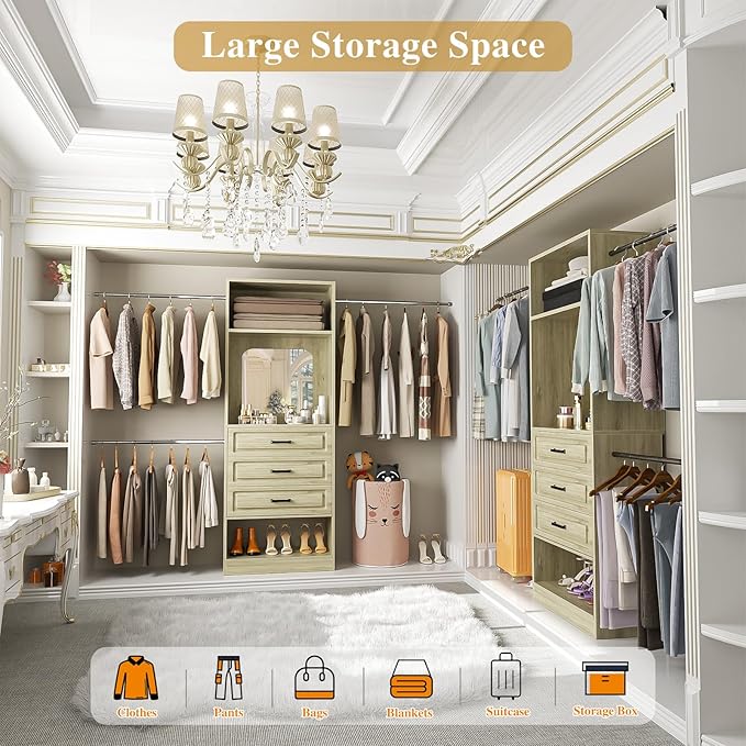 Unikito 48" W - 96” W Closet System with Mirror, 8FT Walk in Closet Organizer Kits with Drawers and 3 Extendable Hanging Rod, Sturdy Wood Garment Rack with 25” Tower, Max Load 1000 LBS, White Oak