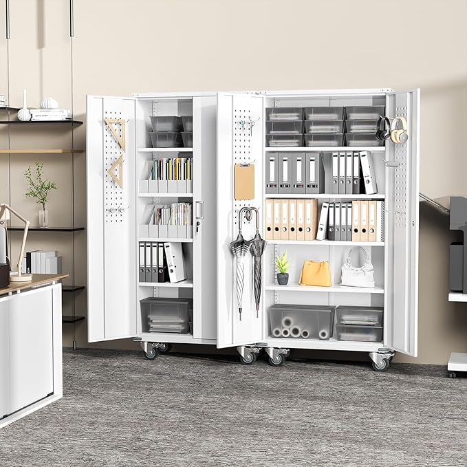 Greenvelly White Metal Storage Cabinet with Wheels, 73" Steel Garage Rolling Cabinet with Doors and 4 Shelves, Tall Locking Cabinets Tool Lockable Storage Cabinets for Basement, Pantry, Home Office