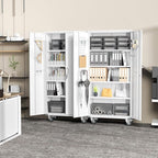 Greenvelly White Metal Storage Cabinet with Wheels, 73" Steel Garage Rolling Cabinet with Doors and 4 Shelves, Tall Locking Cabinets Tool Lockable Storage Cabinets for Basement, Pantry, Home Office