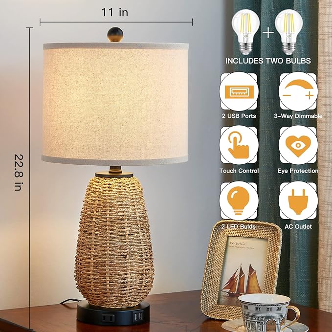 Touch Control Rattan Table Lamps, 3 Way Dimmable Bedside Lamps for Bedroom with 2 USB Ports and AC Outlet, Grass Rope Nightstand Lamps for Living Room Office (LED Bulbs Included)