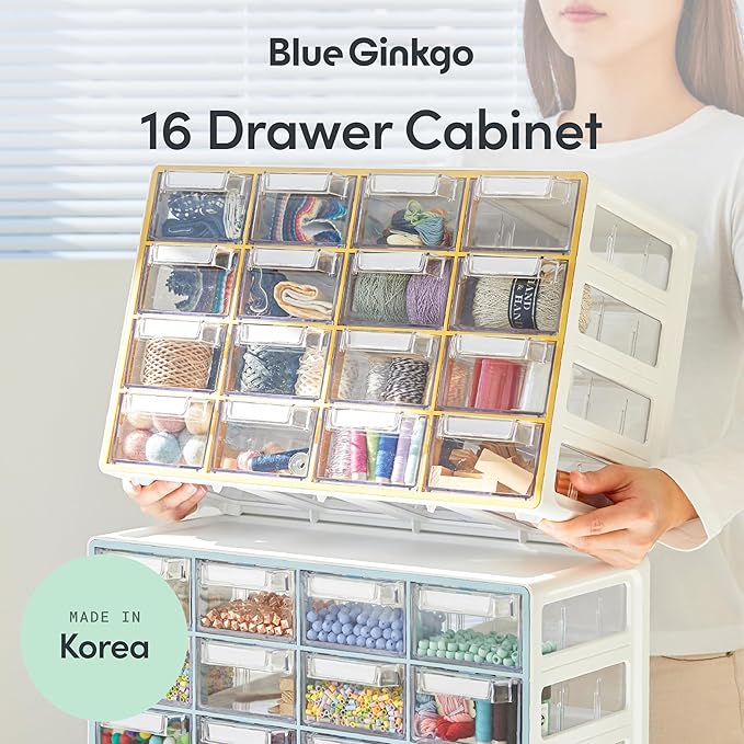 Blue Ginkgo Medium 16-Drawer Cabinet – Stackable Clear Organizer for Hardware, Beads, Plastic Bricks, Office, and Craft Storage (Made in Korea, Yellow)