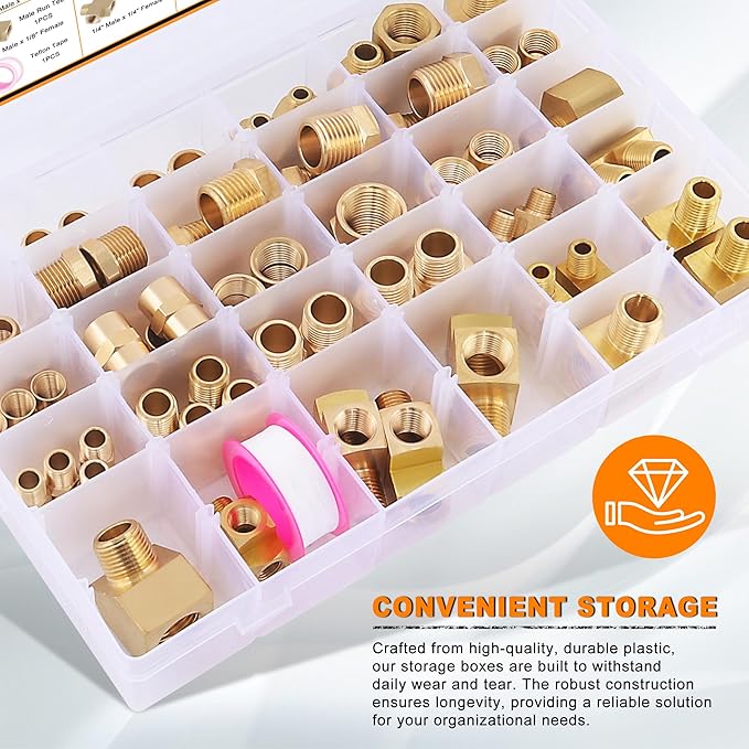 68PCS Brass Pipe Fitting & Adapters Assortment Kit, NPT Adapter, Hex Nipple,Hex Coupling, Hex Head Plug, Busing,Reducer Coupling, 45 Degree & 90 Degree Street Elbow, Male Run Tee