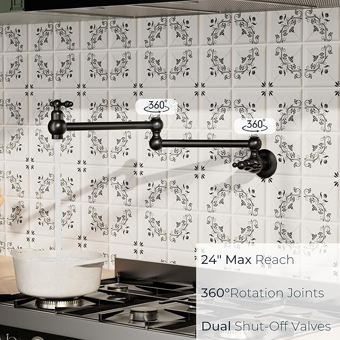 FORIOUS Pot Filler Faucet Matte Black, Folding Stretchable Solid Brass Wall Mount Commercial Traditional Faucet Over Stove with Antique Double Joint Swing Arm for Kitchen Restaurant Vintage