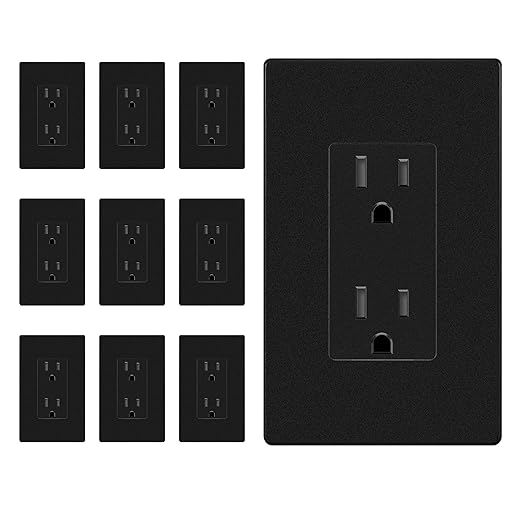 ENERLITES 10 Pack Matte Black Decorator Receptacle with Screwless Wall Plate, Standard Electrical Wall Outlet, 15A 125V, Self-Grounding, 2-Pole, 3-Wire, UL Listed, 61502-TR-MBKSID, Tamper Resistant