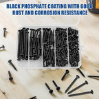 Wood Screws Assortment Kit, 168 PCS, High Hardness Phillips Drive Screws Set, Black Flat Head Wood Screws, Carbon Steel, 5 Sizes, Self-Tapping Screws for Wood, Drywall, Slate