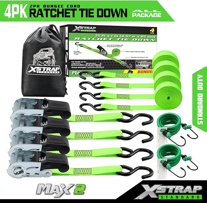 XSTRAP STANDARD Ratchet Tie Down Straps 4Pk 15Ft 1500Lb Break Strength, Cargo Straps for Moving Appliances, Lawn Equipment, Motorcycle, Includes 2 Bungee Cord