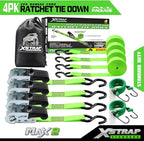 XSTRAP STANDARD Ratchet Tie Down Straps 4Pk 15Ft 1500Lb Break Strength, Cargo Straps for Moving Appliances, Lawn Equipment, Motorcycle, Includes 2 Bungee Cord