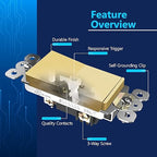 LIDER Brushed Gold Minimalist Design Decorator Switch, Frameless Paddle Wall Light Switch, On/Off Rocker Switch, 3-Way or Single Pole, Residential Grade, UL Listed, 3 Wire, 15A 120-277VAC