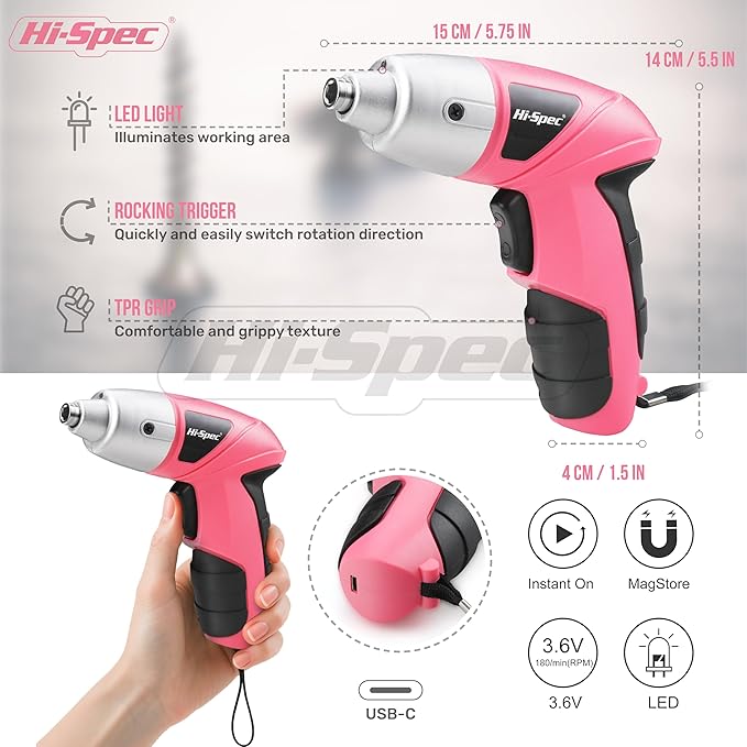Hi-Spec Electric Screwdriver 27pc 3.6V Pink USB Small Power Screwdriver Set. Cordless & Rechargeable with Driver Bit Set