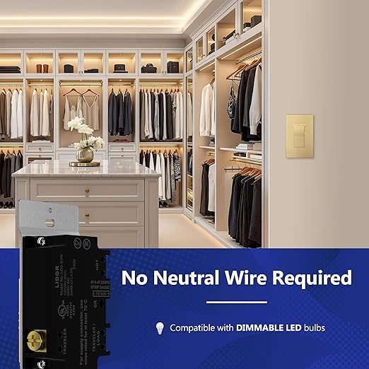 LIDER Dimmer Paddle Switch for Dimmable 300W LED/CFL Lights, 1-Pole or 3-Way, 120 V, Modern Upgrade, UL Listed, Screwless Wall Plate Included, Gold