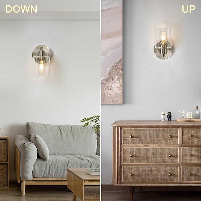 Wall Sconces for Bathroom, Brushed Nickel Vanity Light Fixtures, Modern Wall Mount Lighting Lanterns, Farmhouse Wall Lamps with Clear Glass Shade for Bedroom Living Room Mirror Hallway Porch(2PACK)