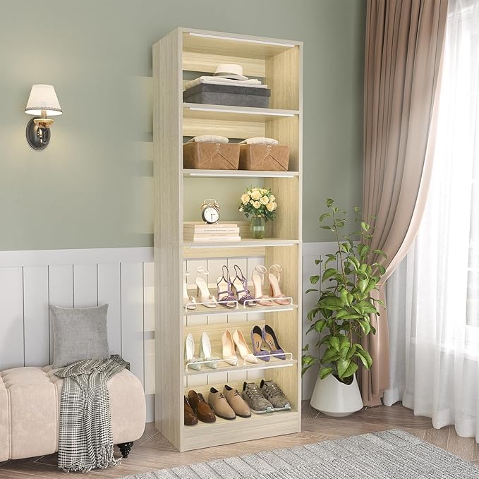 Unikito 25” Closet Organizer Systems, Freestanding Shoe Storage Shelves, Standalone Wood Shoe Racks, Heavy Duty Walk in Closet Tower for Bedroom, Entryway and Mudroom, 25" W x 16" D x 80" H, White Oak