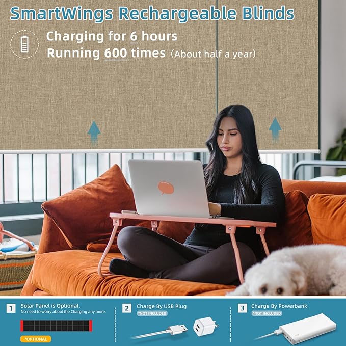 SmartWings Motorized Smart Blinds with Remote, Automatic Blackout Roller Shade Work with Alexa Homekit Thread Google Z-Wave, Electric Blind for Window, Custom Width Up to 110" W,Bouvardia Light Brown