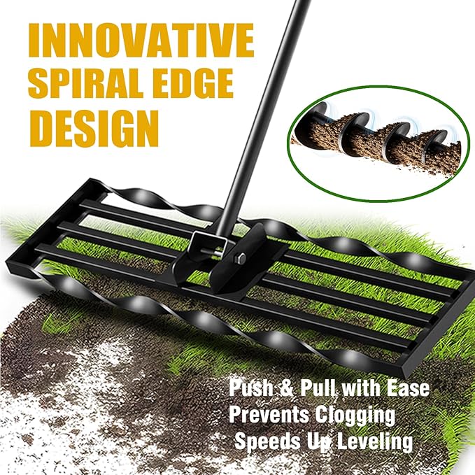 Three Oranges Lawn Leveling Rakes (30x10 inch), ,Spiral Patented Design, with a 72" Handle Rake, Suitable for Backyards, Gardens, Golf Courses, Farms, Pastures