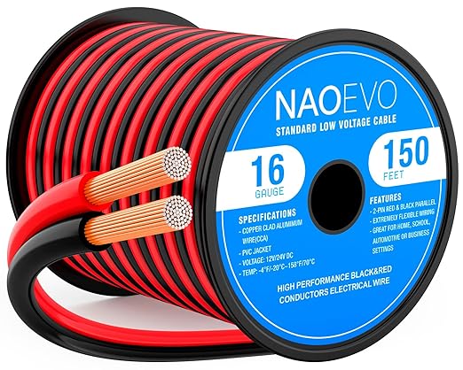 NAOEVO 16 Gauge Wire 150FT, 2 Conductors Electrical Wire Red Black Cable, Flexible/Low Voltage/PVC 16 AWG Copper Clad Aluminum Extension Cord for Speaker, LED Strips, Automotive 12V/24V DC