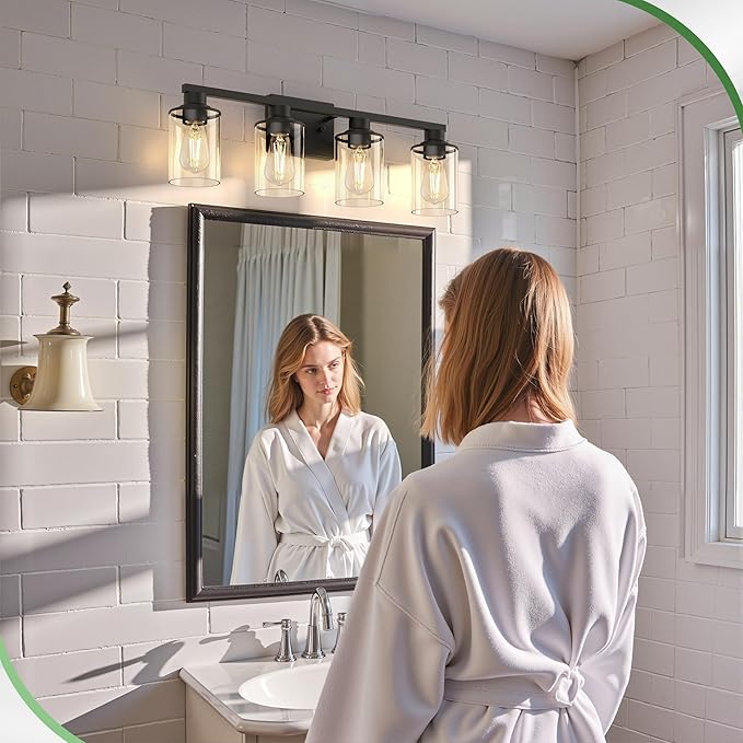 DORESshop Bathroom Light Fixtures, 4-Light Black Bathroom Lighting Fixtures Over Mirror with Glass Shade, Modern Vanity Lights for Hallway Bedroom, Includes Bulbs
