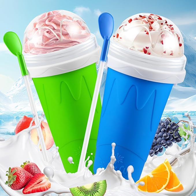 Tgosomt 2Pack Slushie Maker Cup, Quick Magic Squeeze Slushy Cup, DIY Frozen Smoothies Cups, Juice Milk shake Yogurt Ice Cream Maker, Double Layers Cooling Cups, Cool Fun Gifts (Blue&Green)