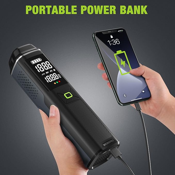 WORKPRO Portable Tire Inflator, 7.2V/12V Small/Mid/Large Air Compressor, Digital Display, Auto Shut-Off, 5 Modes, LED Light, High Airflow, for Car, Motorcycle, Bike, Balls