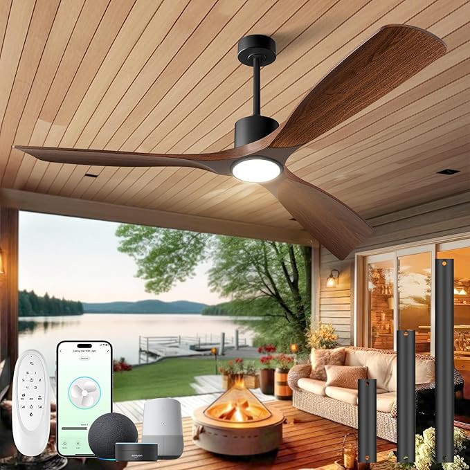 60" Smart Ceiling Fan with Lights,Outdoor Ceiling Fan Work with Alexa/Gg/App/Remote,3-Color Light Dimmable 6-Speed Quiet Reversible for Patio Porch Living Room,Dark Walnut