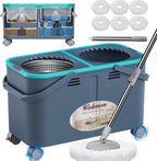 2025 Upgraded Gen 2 Spin Mop and Bucket Set with 4 Swivel Wheels for Easy Rolling, Separates Clean & Dirty Water, Floor Mop with 6 Washable Mop Heads for Wood, Tile, Vinyl, Baseboards - Grey/Blue