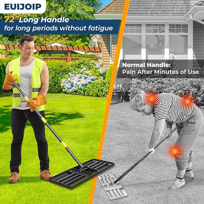 Professional Lawn Leveling Rake 30x10in - Heavy Duty Leveling Tool with 72in Adjustable Stainless Steel Handle | Golf Field Sand Spreader, Football Pitch Grass Leveler | Rustproof Turf Grading Rake