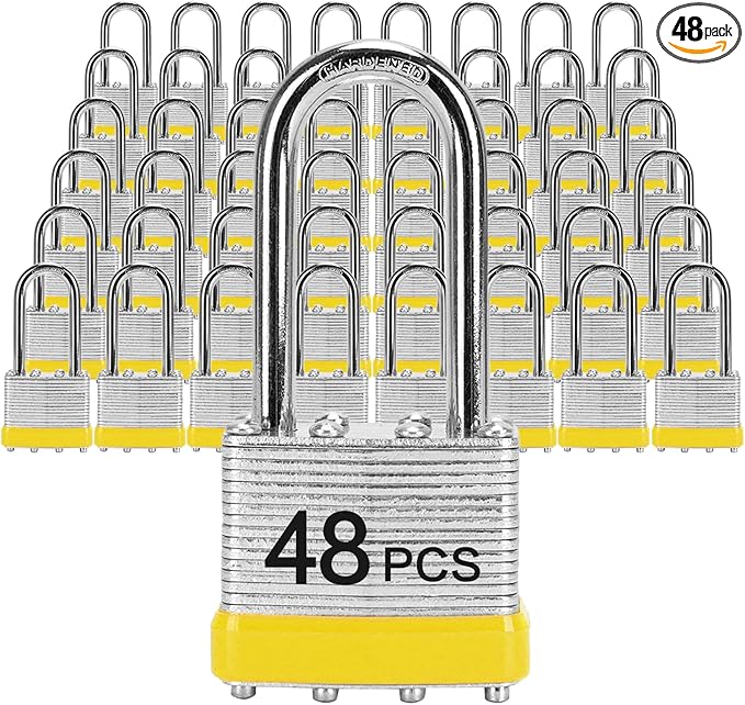 Padlocks with Same Key, LQYN 48 Pcs Laminated Keyed Padlock (1-9/16", 40mm), Keyed Alike Locks, Long Shackle, for Storage Locker, Hasp Latch, Toolbox, Sheds