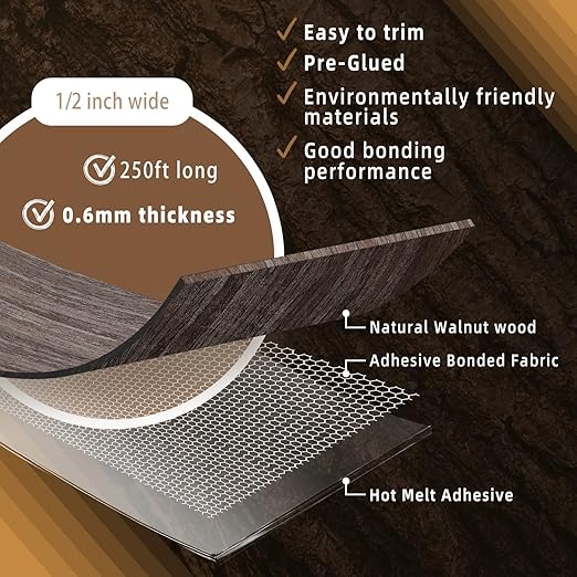 GSCIT Club Walnut Edge Banding, 1/2 inch x 250ft roll of Veneer Edge Banding -Pre-glued Flexible, Real Wood Tape Banding for Cabinet Repair Furniture Restoration