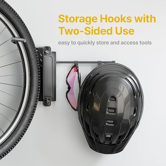 monTEK Swivel Bike Wall Mount, Bike Hangers for Garage, Bike Wall Mount with Two Extra Storage Hooks, Bike Hanger Wall Mount for Space Saving, Bike Rack Garage Holds Up to 77 lbs