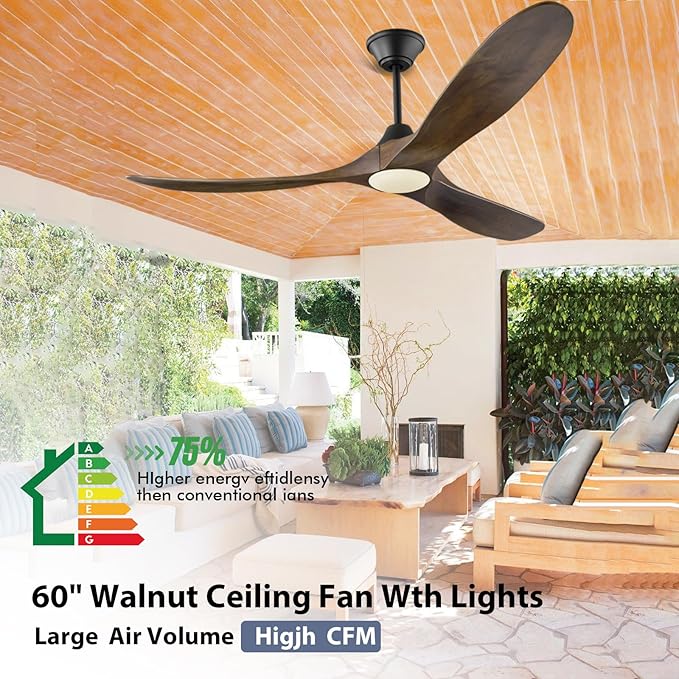 60 Inch Ceiling Fans with Lights, Outdoor Ceiling Fans for Patios with Light Damp Rated, 3 Blades Wood DC Ceiling Fan Modern Large Airflow Commercial Ceiling Fan with Remote & APP for Exterior Indoor