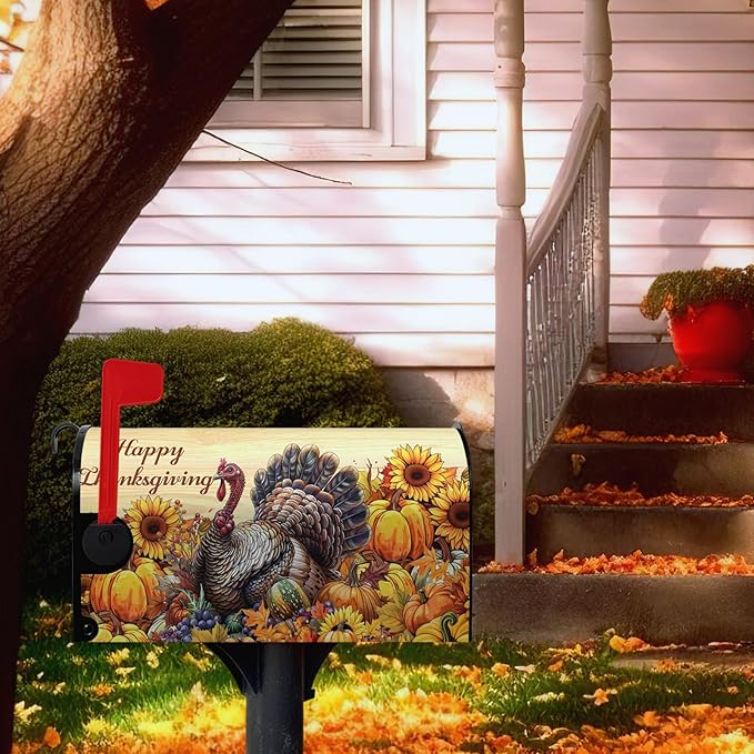 Happy Thanksgiving Turkey Mailbox Covers Magnetic Large Size 25.5 x 21 Inch Fall Sunflower Pumpkin Mailbox Cover Thanksgiving Letter Box Post Wraps Outdoor Decorations for Garden Yard