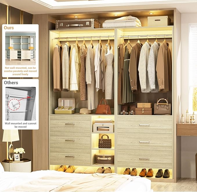 Aheaplus Closet System with 6 Drawers, 4.5ft Wood Closet Organizer System, Walk-in Closet or Small Closets Wardrobe, Clothes Rack with Hanging Rods, White Oak