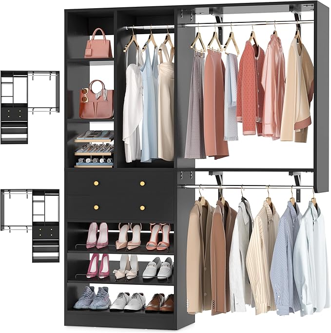 Closet System - 5FT Small Closet System with Drawers, 60" Closet Organizer System with Reversible Hanging Shelving, Closet Systems for Small/Walk-in Closets, Black