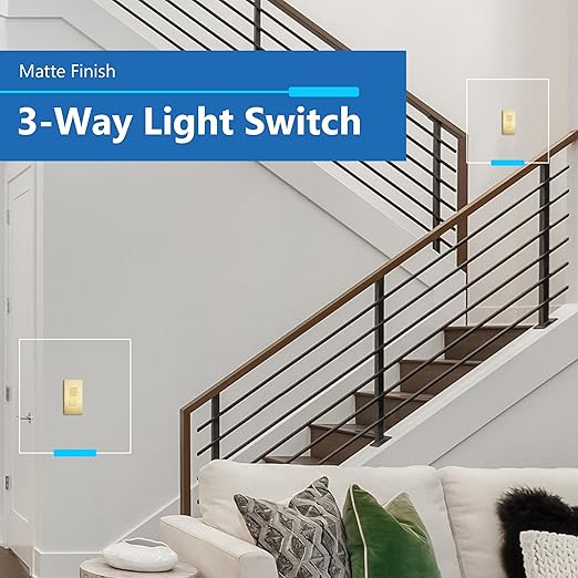 LIDER Brushed Gold Minimalist Design Decorator Switch, Frameless Paddle Wall Light Switch, On/Off Rocker Switch, 3-Way or Single Pole, Residential Grade, UL Listed, 3 Wire, 15A 120-277VAC