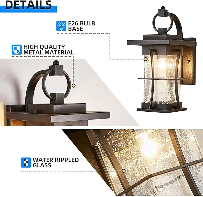 Outdoor Wall Sconces Light Fixtures Exterior Wall Lantern Outside House Lamps Waterproof Black Metal with Clear Seeded Glass, Perfect for Exterior Porch Patio House