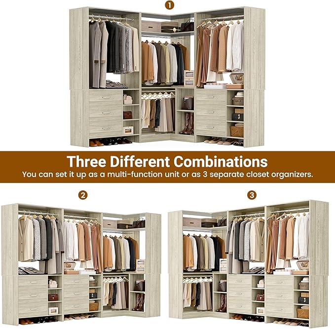 Aheaplus Closet System with 6 Drawers, 4 Hanging Rods & Corner Tower, Corner Closet System with Hanging,92.6" L-Shaped Walk-In Wardrobe Organizer, 2000+ lbs Capacity, Set of 3, White Oak