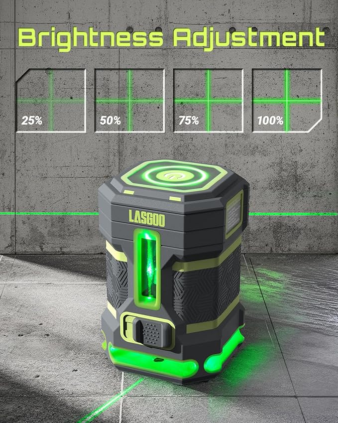 LASGOO Green Laser Level Self Leveling, 360° Horizontal Laser with Vertical Laser Line, 4 Brightness Levels Pulse Mode for Floor Tile Wall Construction, L-Bracket, Batteries and Carry Bag Included