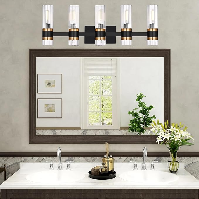 MELUCEE 5-Light Bathroom Lights Over Mirror in Black Finish, Farmhouse Vanity Lights with Ribbed Clear Glass Shade Indoor Metal Wall Light Fixtures for Kitchen Powder Room Foyer, E12 Base