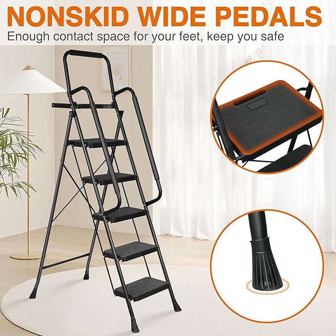 5 Step Ladder, Protable Steel Folding Stool with Wide Anti-Slip Pedal, Tool Platfor, Sturdy Steel Ladder, Black
