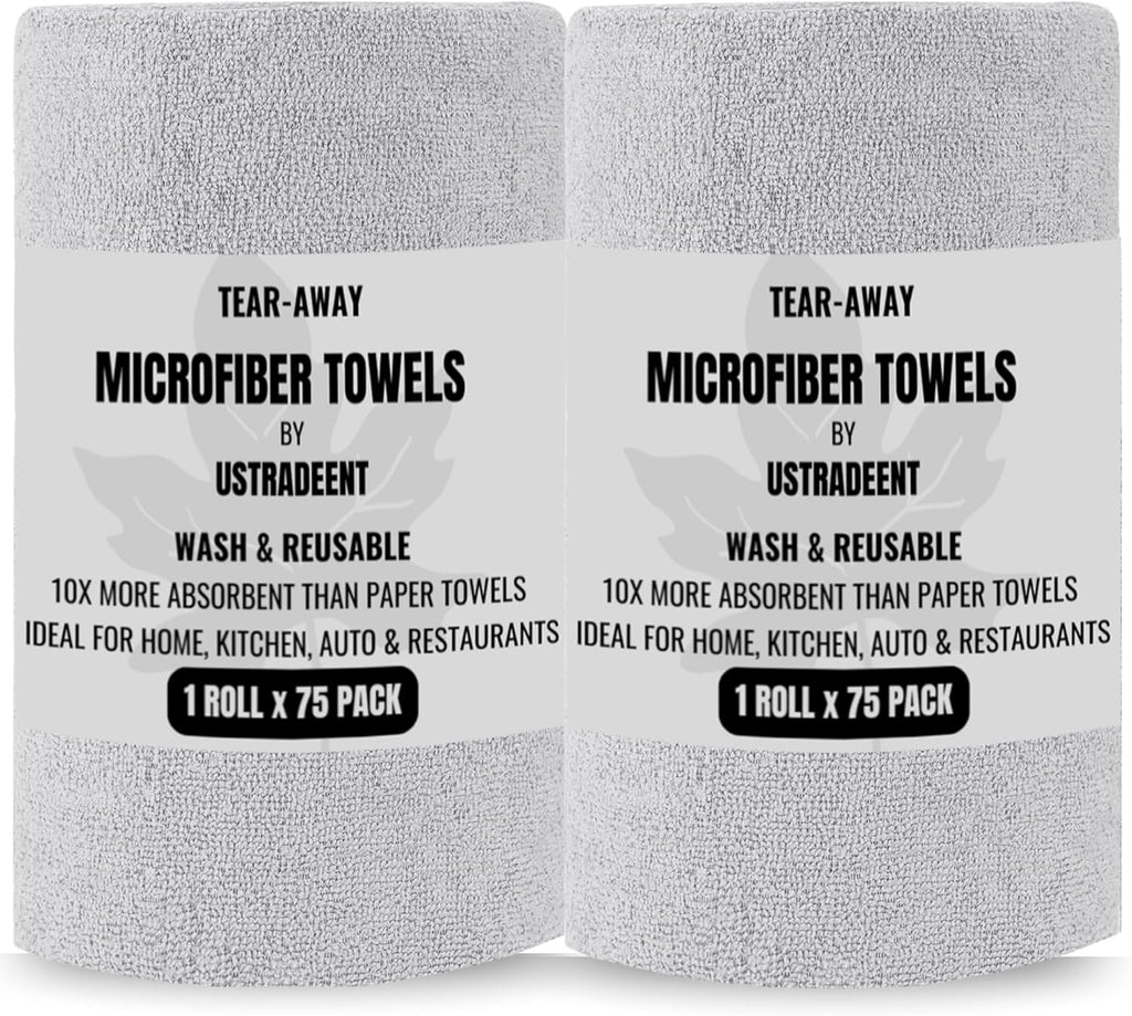 Microfiber Cleaning Cloth Roll -75 Pack - 2 Rolls, Tear Away Towels, 12" x 12", Reusable Cleaning Rags and Microfiber Towels for Cars, Garage and Household Cleaning Supplies (Grey)