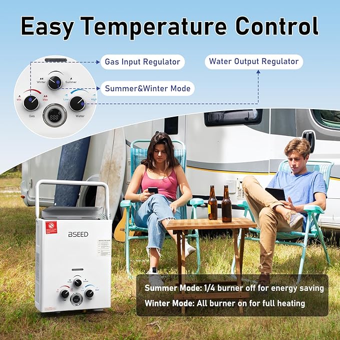 BSEED Propane Water Heater Tankless, 41,000 BTU, 1.58GPM 6L Outdoor Propane Gas Water Heater with Digital Display and Multi-Protection for Camping, RV, Boat, Cabins, White