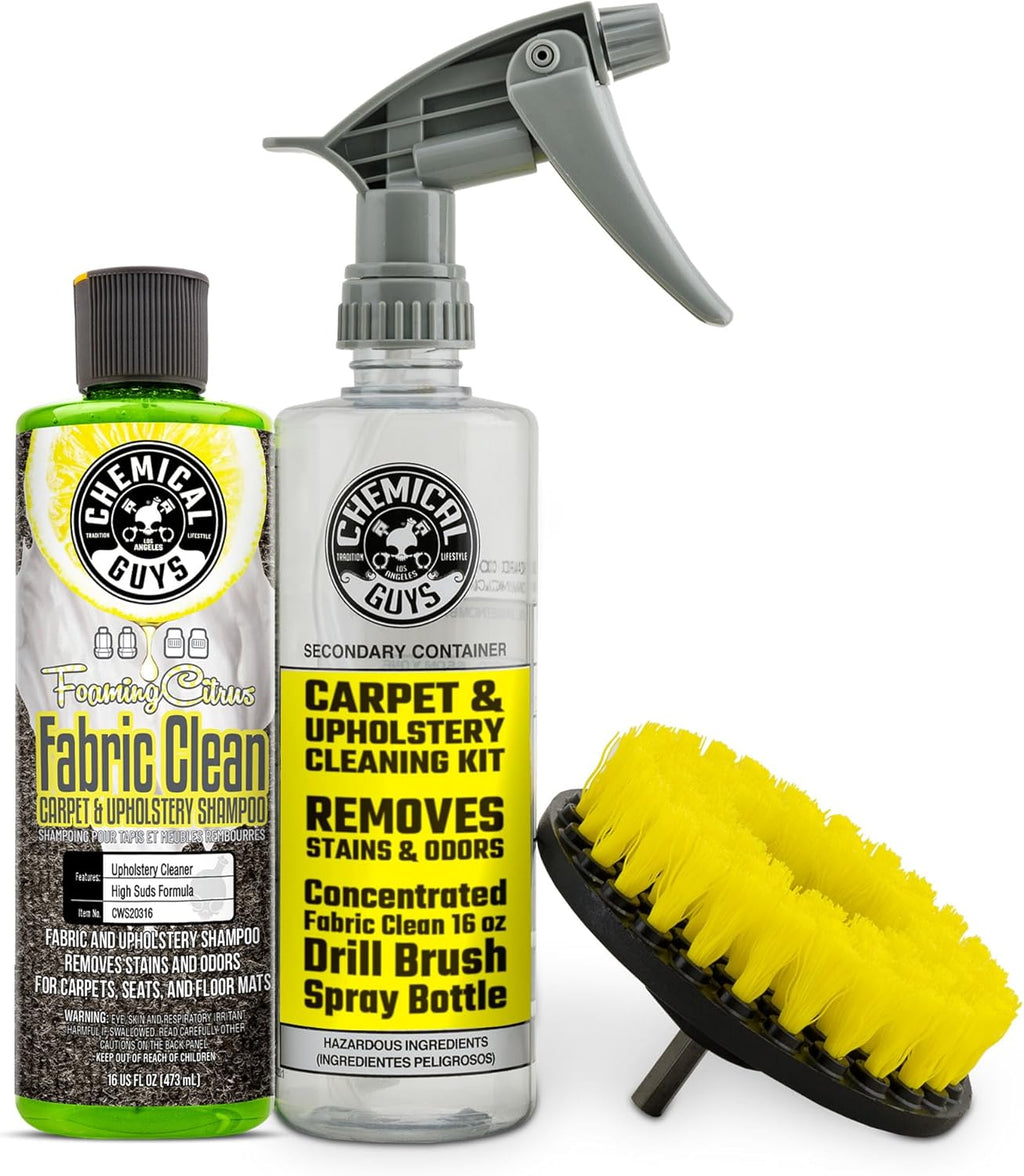 Chemical Guys Foaming Citrus Fabric Clean and Drill Brush Kit - High Foaming Stain and Odor Remover for Car Carpets, Upholstery, and Floor Mats, Deep Cleans and Deodorizes, Citrus Scent - 16 oz