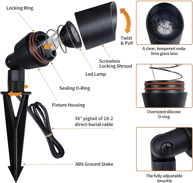 VISTA 4 Pack Cast Aluminum Landscape Spotlights, Low Voltage Landscape Lighting Spot Lights Outdoor with 4.5W MR16 LED Bulb for Yard, Garden, Lawn, Tree