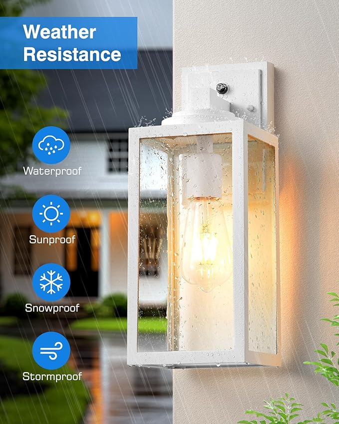 VIANIS Dusk to Dawn Outdoor Lighting, 2-Pack Large Size White Exterior Light Fixtures with Tempered Seed Glass, Waterproof Outdoor Wall Light Fixture, Anti-Rust Porch Lights Outdoor for Porch, Garage
