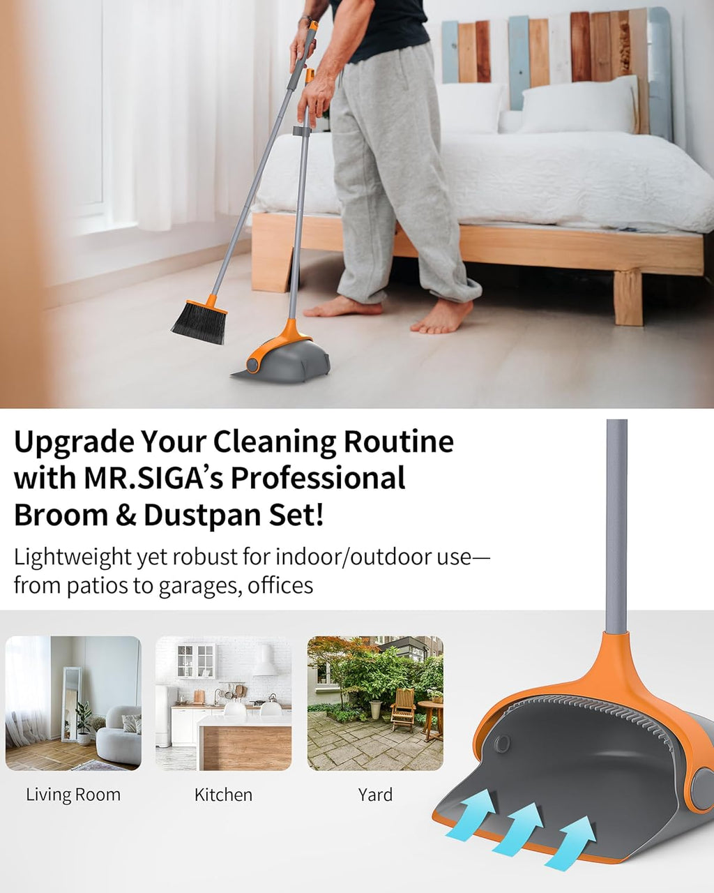 MR.SIGA Broom and Dustpan Set with Long Handle, Stand Upright Broom with Dustpan Combo for Cleaning Office, Garage, Lobby, Lightweight Sweeping Set, 51.7"(131 cm) Long Handle, Gray & Orange