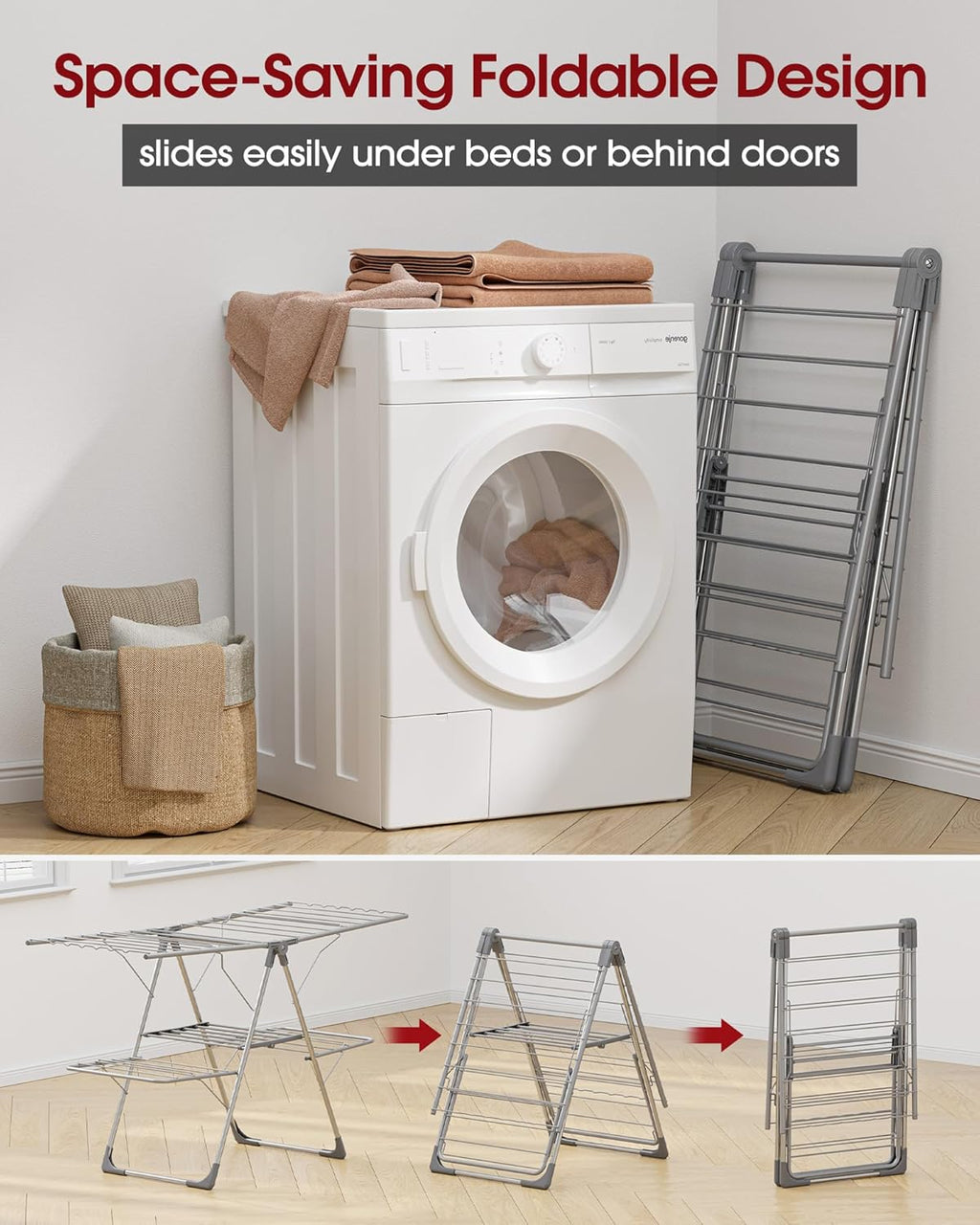 Clothes Drying Rack - Foldable Laundry Drying Rack for Clothing & Bedding, Easy-to-Assemble, Space-Saving Metal Airer with Non-Slip Feet, Indoor & Outdoor Use, 55.5"×22.8"×36.6", Gray