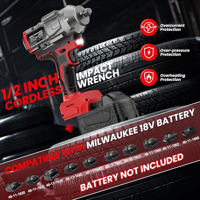 Cordless Impact Wrench 1/2 inch for Milwaukee 18V Battery, Impact Wrench 950Ft-lbs High Torque Brushless Electric Impact Gun, Power Impact Driver with 3-Mode Speed, LED Work Light(no battery)