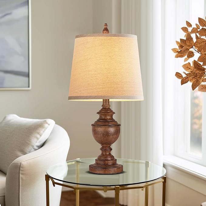 PARTPHONER Retro Table Lamps Set of 2, Bedside Lamp for Bedroom Rustic Farmhouse Table Lamps for Living Room, Vintage Nightstand Lamps with White Shades, Wood Grain