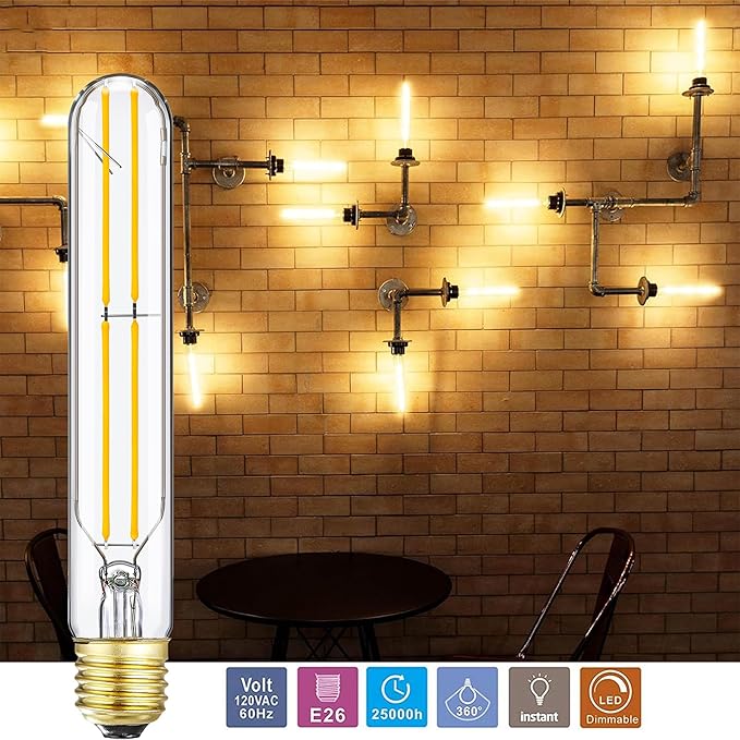 T10 Led Bulb,Dimmable LED Bulb 6W,E26 Tubular Light Bulb 60 Watt,Warm White 2700K,E26 Edison,AC120V,600lm Tube T9 T10 LED Light Bulb for Rustic Pendant,Chandeliers,Wall sconces 6-Pack